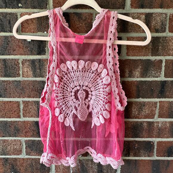 S/M Betsey Johnson Pink Mesh Peacock Vest Y2K Sheer Embroidered Festival Kawaii - Picture 6 of 6